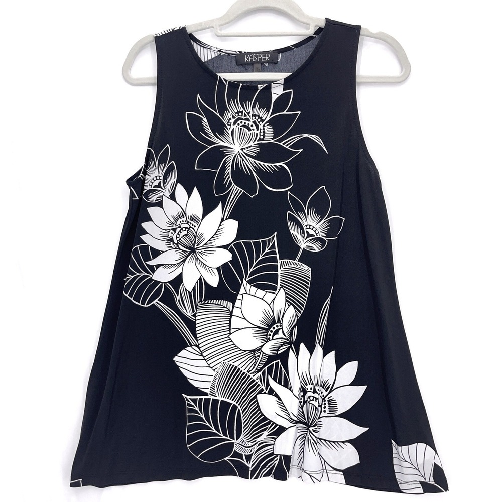 Kasper Black Floral Sleeveless Top M Stretch Knit Tank